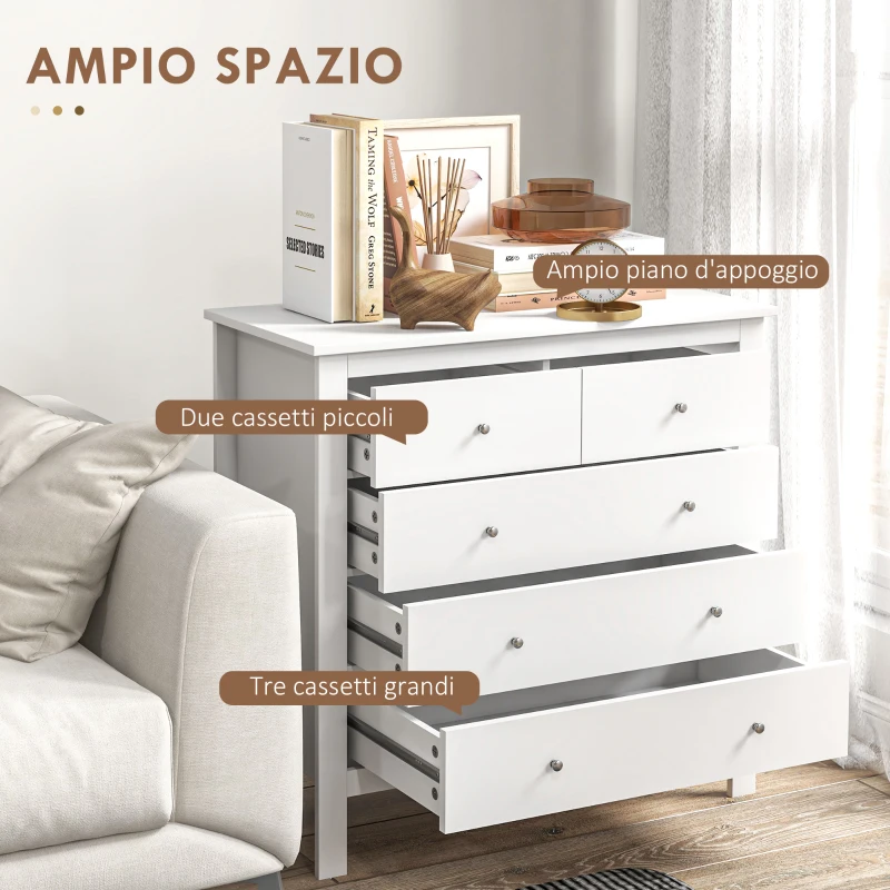 HOMCOM Cassettiera 5 Cassetti per Camera e Soggiorno in Legno Bianco, 79x39.5x80.5 cm