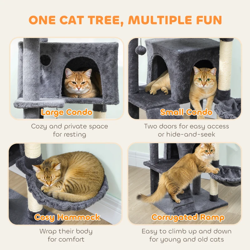 PawHut 140cm Large Cat Tree Tower with Sisal Scratching Posts, Cat Houses, Plush Perches, Hammock, Ladder, Dark Grey