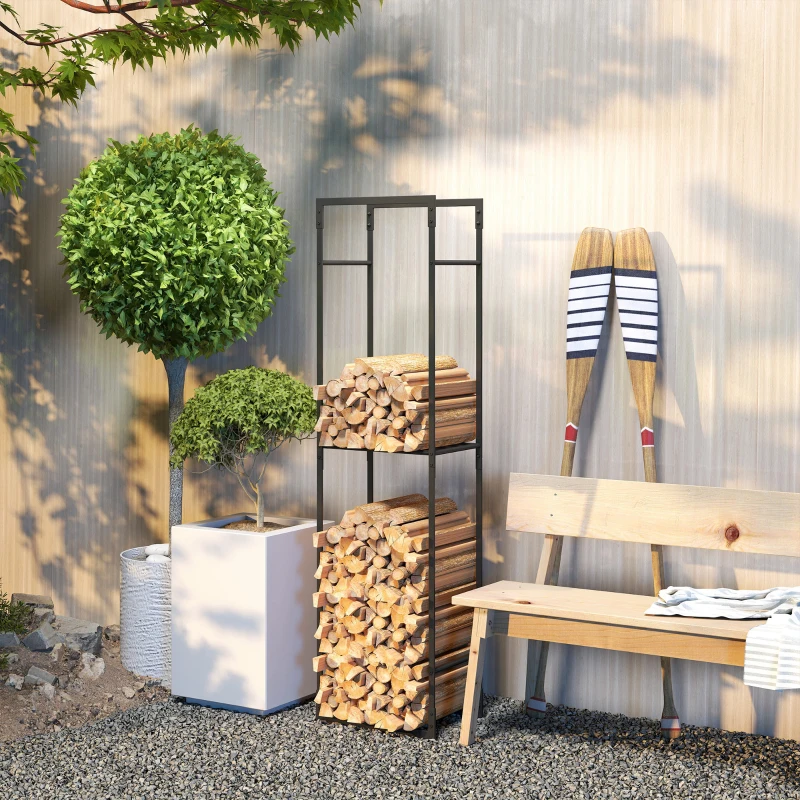 Outsunny Metal Firewood Log Holder, Heavy Duty Firewood Rack with Adjustable Shelf, Indoor Outdoor Fireplace Wood Storage Shelf, 45 x 31 x 170 cm, Black