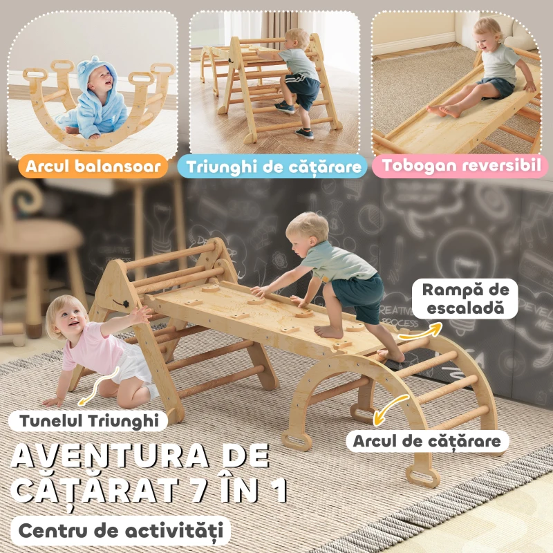AIYAPLAY Joc pentru Copii 5 în 1 cu Triunghi, Tobogan Neted și Arc, din Lemn de Plop și Pin, 188x70x59 cm