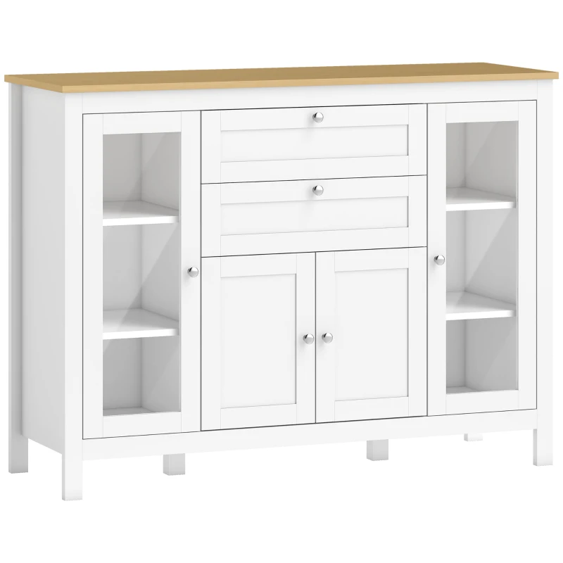 HOMCOM Mobile Cucina con 2 Cassetti e 3 Armadietti, Ante in Vetro e Ripiani Regolabili, 120x40x90 cm, Bianco e Rovere