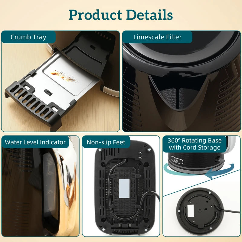 HOMCOM Modern Kettle and Toaster Set - Black