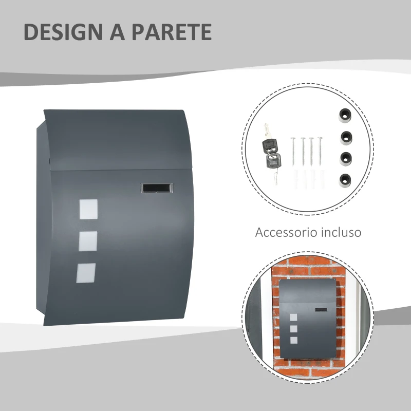 HOMCOM Cassetta Postale Ricurva in Acciaio con 3 Fessure e 2 Chiavi di Sicurezza 45x10x32 cm, Grigio