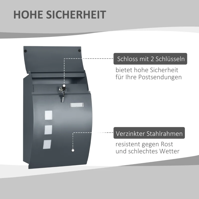HOMCOM Briefkasten mit Schloss, verzinkter Stahl, 30 cm langer Postschlitz, Grau