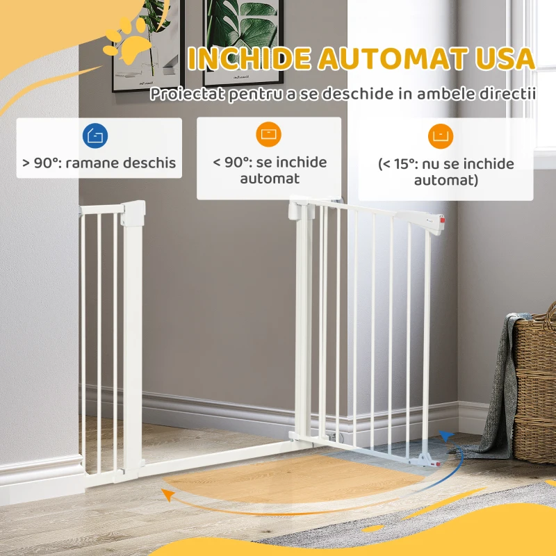 PawHut Poartă pentru Câini de Talie Mică și Medie cu Dublă Încuietoare și Închidere Automată, 76-103x4.2x77 cm, Alb