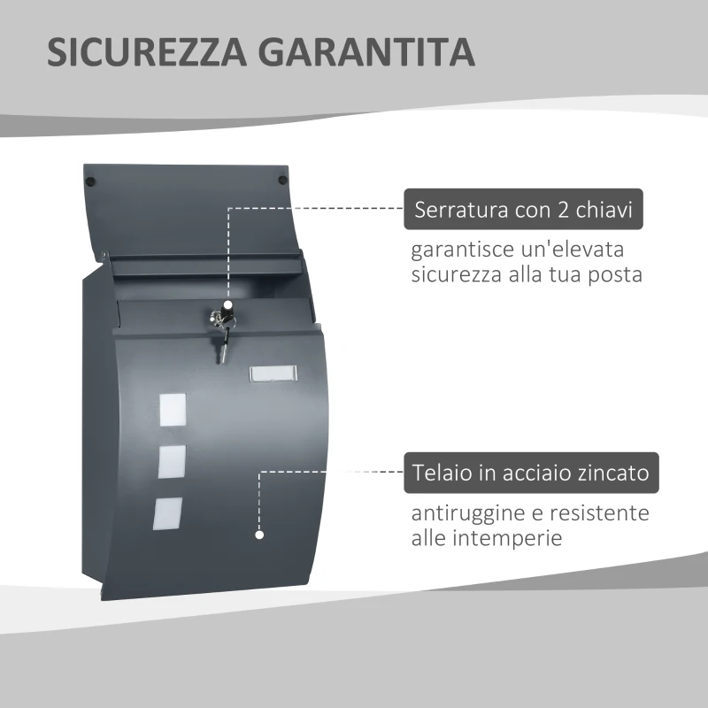HOMCOM Cassetta Postale Ricurva in Acciaio con 3 Fessure e 2 Chiavi di Sicurezza 45x10x32 cm, Grigio