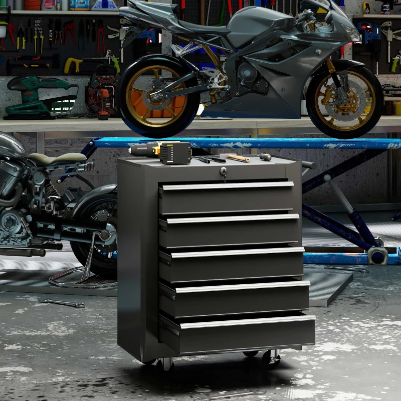 HOMCOM Werkzeugkiste, Werkzeugschrank, rollbar, 5 Schubladen, Stahl, Schwarz(m-2)