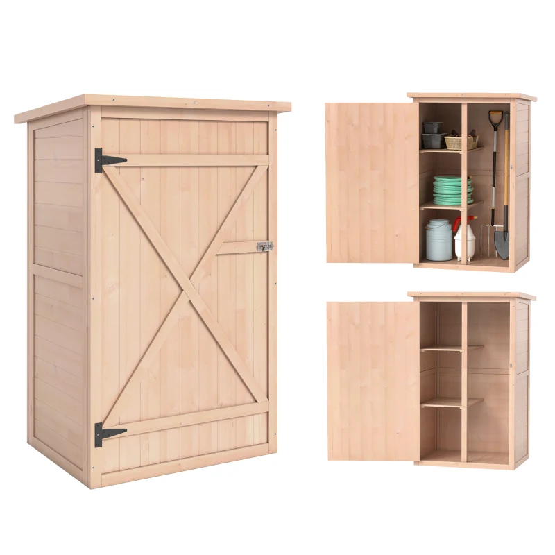 Outsunny Wooden Garden Storage Shed, Garden Shed Tool Cabinet Organiser with Shelves, 75 x 56 x115cm, Natural