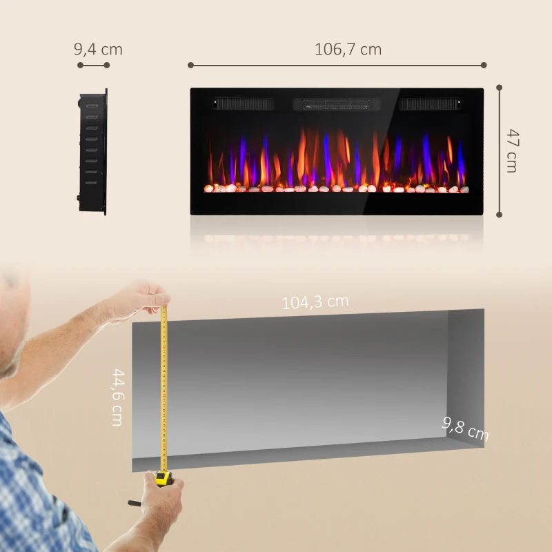 HOMCOM Ultraflacher Einbau-/Wand-Elektrokamin mit 3D-Flamme, Helligkeit/Geschwindigkeit einstellbar, 12 Farben, Kieselsteine, 900/1800 W