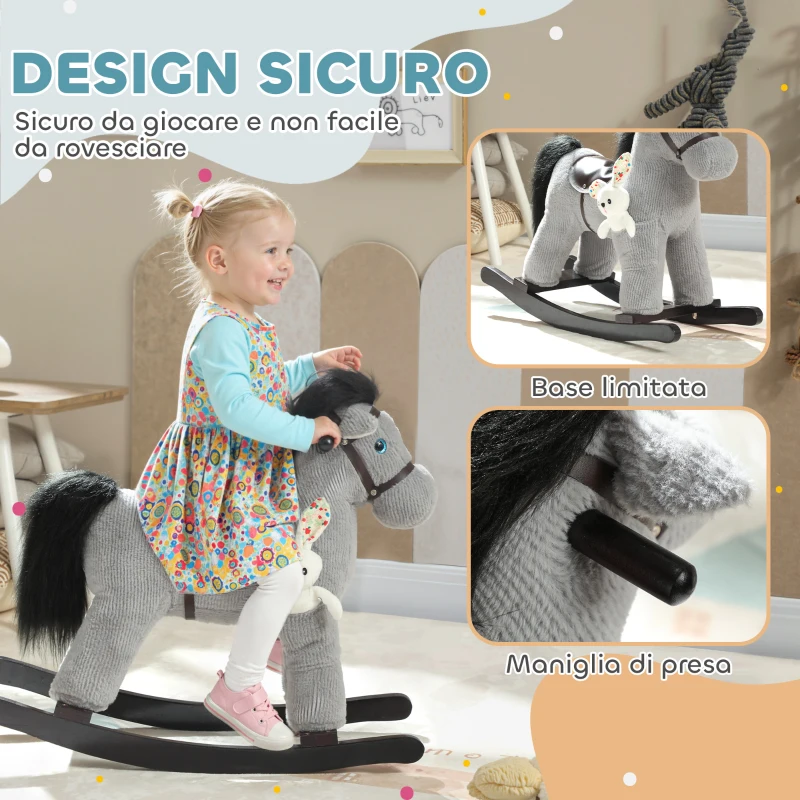 AIYAPLAY Cavallo a Dondolo con Suoni per Bambini da 2-5 Anni e Animale di Peluche Incluso, Legno e Acciaio, Grigio