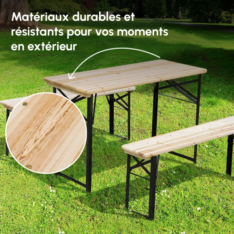 Outsunny Table de Camping Pique-Nique Pliable Portable + 2 bancs Pliables métal époxy Noir Bois Massif Sapin