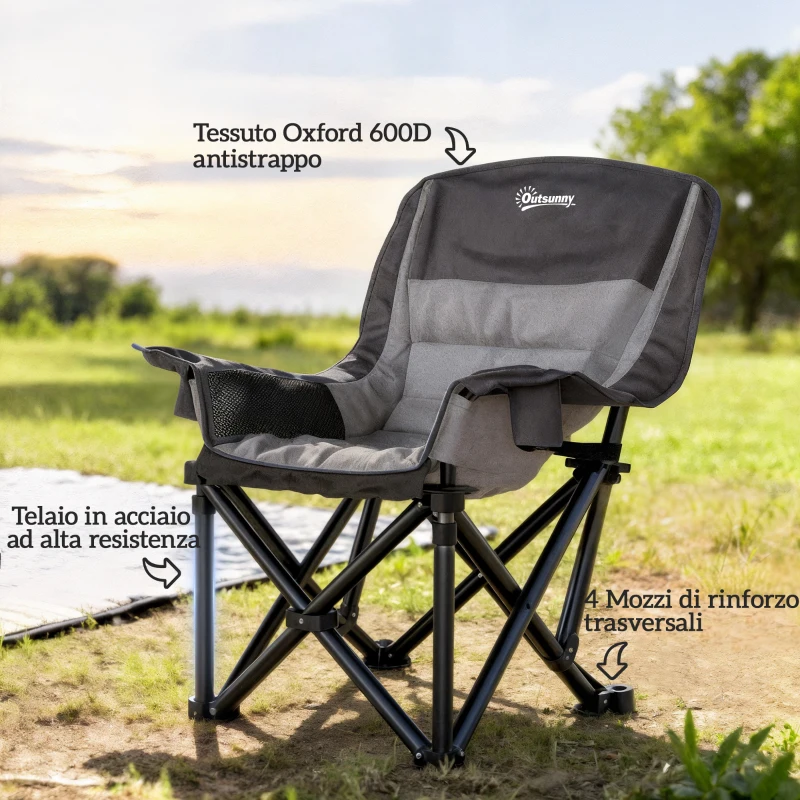 Outsunny Sedia da Campeggio Pieghevole con 2 Portabicchieri e Tasche Laterali, 99x71x103 cm, Grigio e Nero