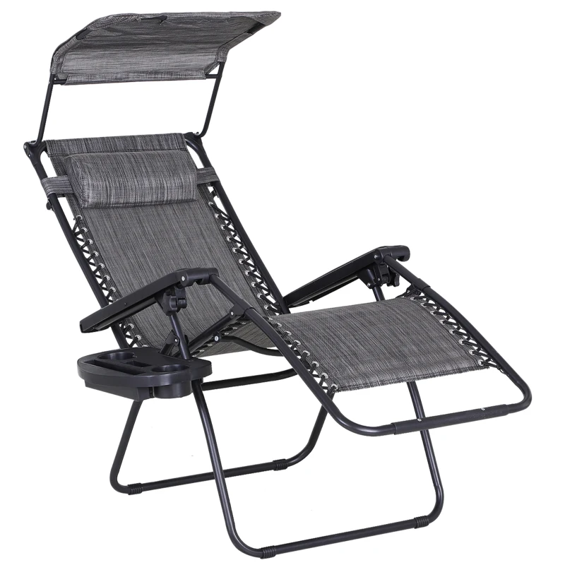 Outsunny Foldable Reclining Garden Chair with Headrest, Zero Gravity Deck Sun Lounger Seat with Footrest, Armrest, Cup Holder & Canopy Shade, Grey