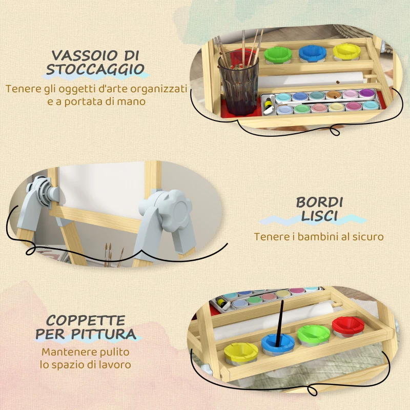 AIYAPLAY Cavalletto per Bambini, Doppia Lavagna per Gesso e Pennarelli, Lavagnetta Magnetica e Rotolo di Carta, Legno