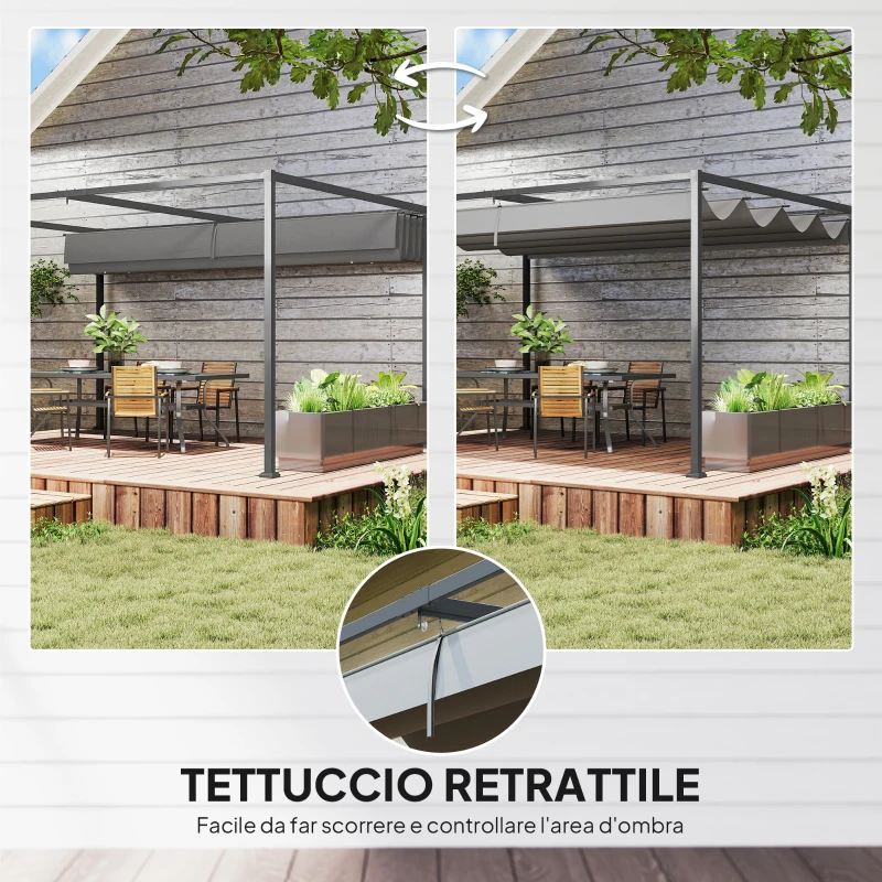 Outsunny Pergola Gazebo da Esterno 4x3 m con Tettuccio Retrattile in Metallo e Poliestere, Grigio Scuro