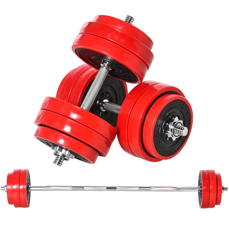 HOMCOM Set di Manubri Pesi 2 in 1 da 30kg, Dischi con Rivestimento in Plastica Antigraffio, Rosso e Nero