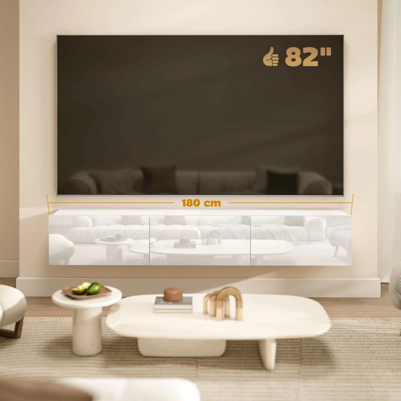 HOMCOM Mobile Porta TV fino a 82" Sospeso con 3 Armadietti a Ribalta e Ante Soft Close, Bianco Lucido