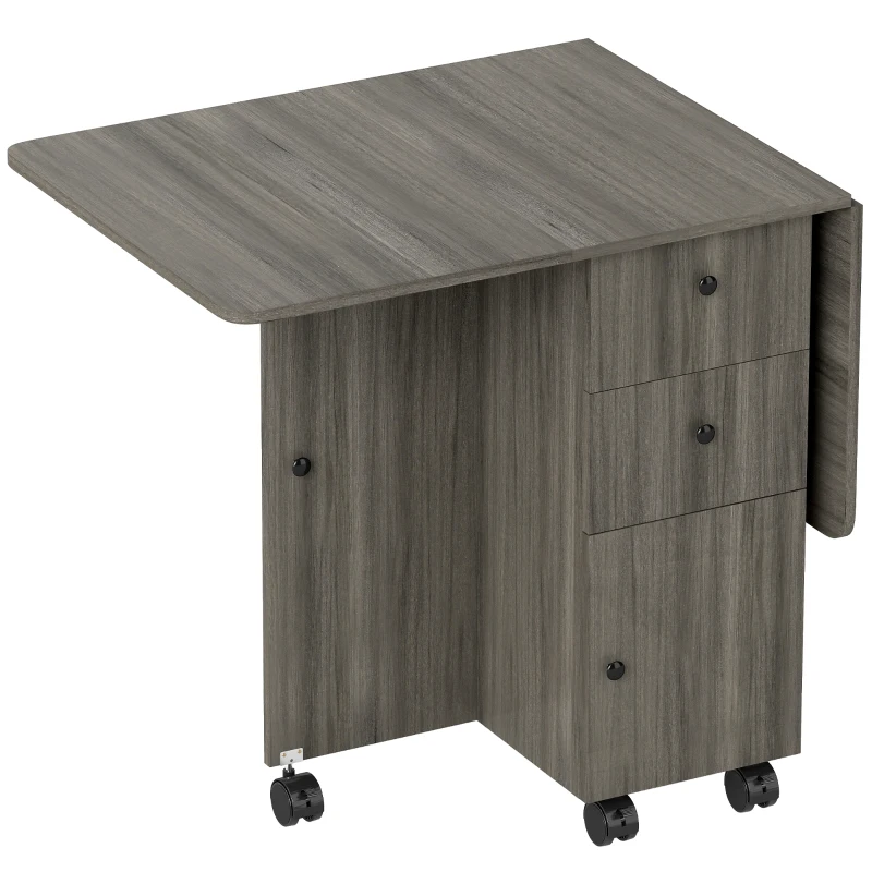 HOMCOM Tavolo a Ribalta a 6 Rotelle con 2 Cassetti e Armadietto ad Ante, in Legno, 120x60x76.5 cm, Grigio