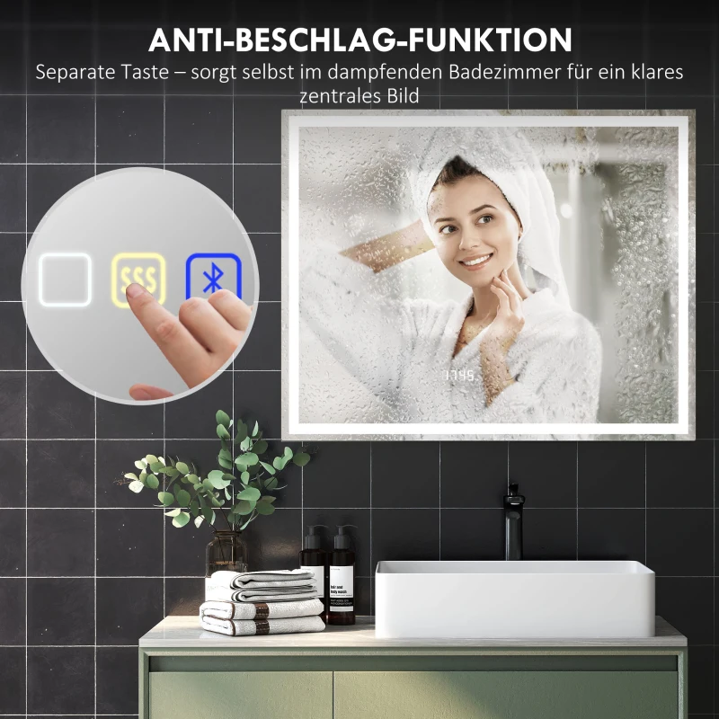 HOMCOM LED badkamerspiegel bluetooth 80 x 100 cm touchschakelaar instelbare verlichting 3 kleuren anti-fog geheugenfunctie Zilver