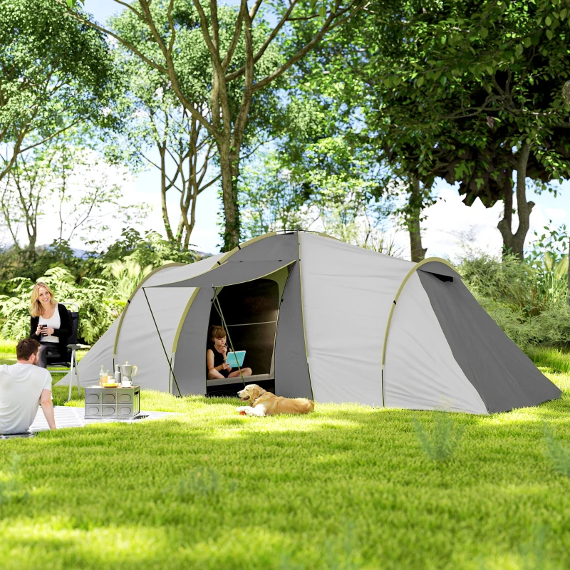 Outsunny Four-Man Tunnel Tent, with Two Bedrooms and Living Room - Grey/Yellow