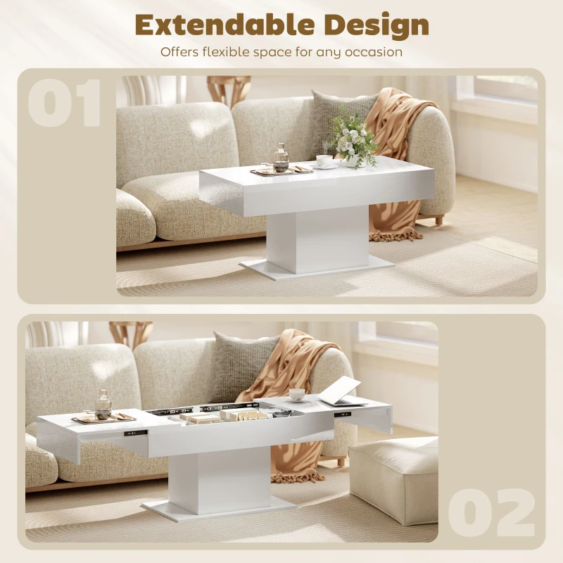 HOMCOM Tavolino da Caffè Estensibile con Vano Contenitore Moderno, 108-178.5x53x49 cm, Bianco Lucido