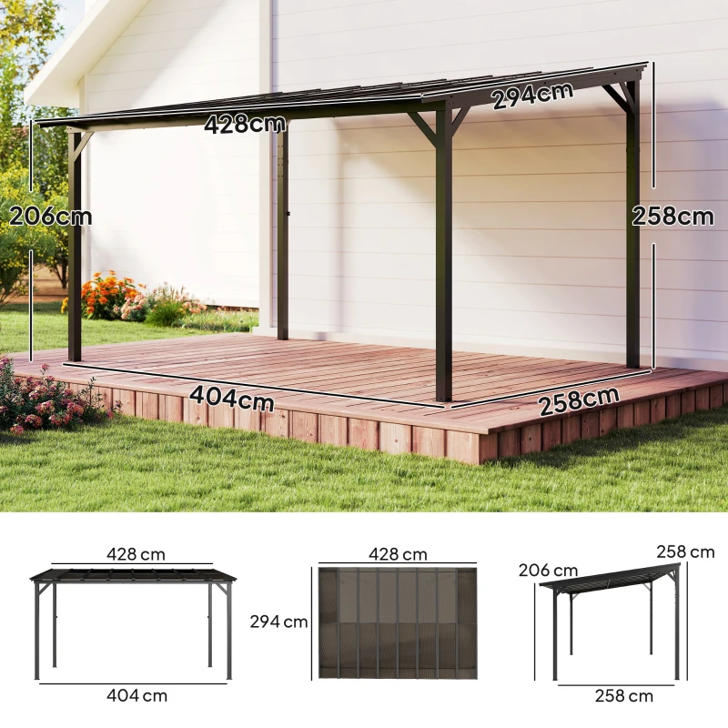 Outsunny 3 x 4.3m Metal Pergola with UPF 50+ and Waterproof Polycarbonate Roof, Wall-Mounted or Free Standing Garden Gazebo, Wind-resistant Outdoor Sun Shade, Dark Grey