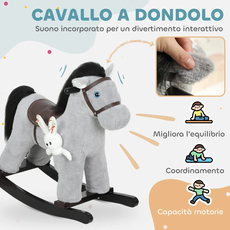 AIYAPLAY Cavallo a Dondolo con Suoni per Bambini da 2-5 Anni e Animale di Peluche Incluso, Legno e Acciaio, Grigio