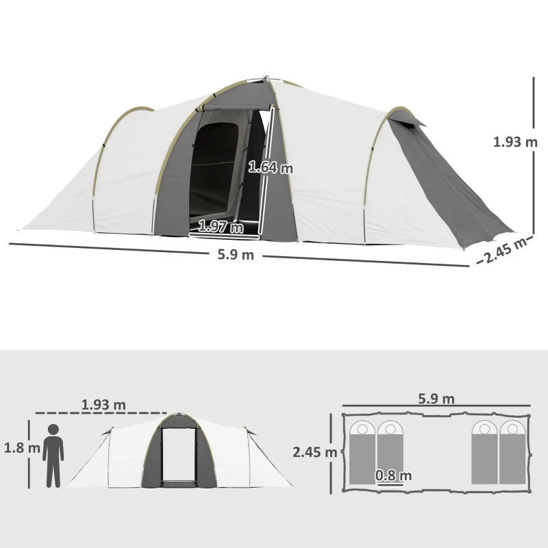 Outsunny Four-Man Tunnel Tent, with Two Bedrooms and Living Room - Grey/Yellow