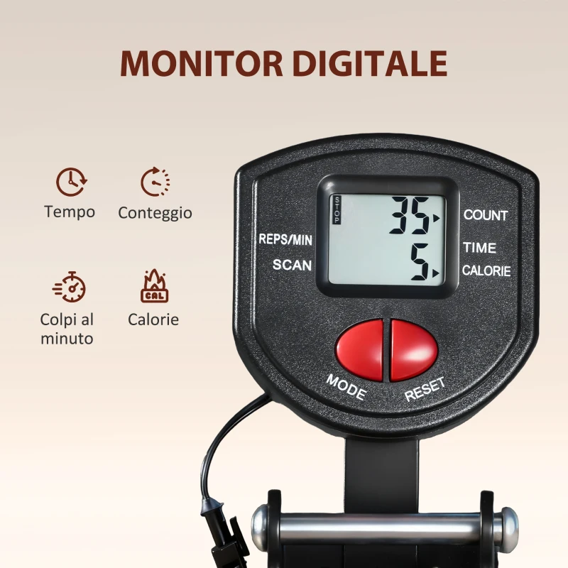SPORTNOW Vogatore Pieghevole con Monitor LCD e Sedile Imbottito, Resistenza a Elastico, Capacità 150 kg