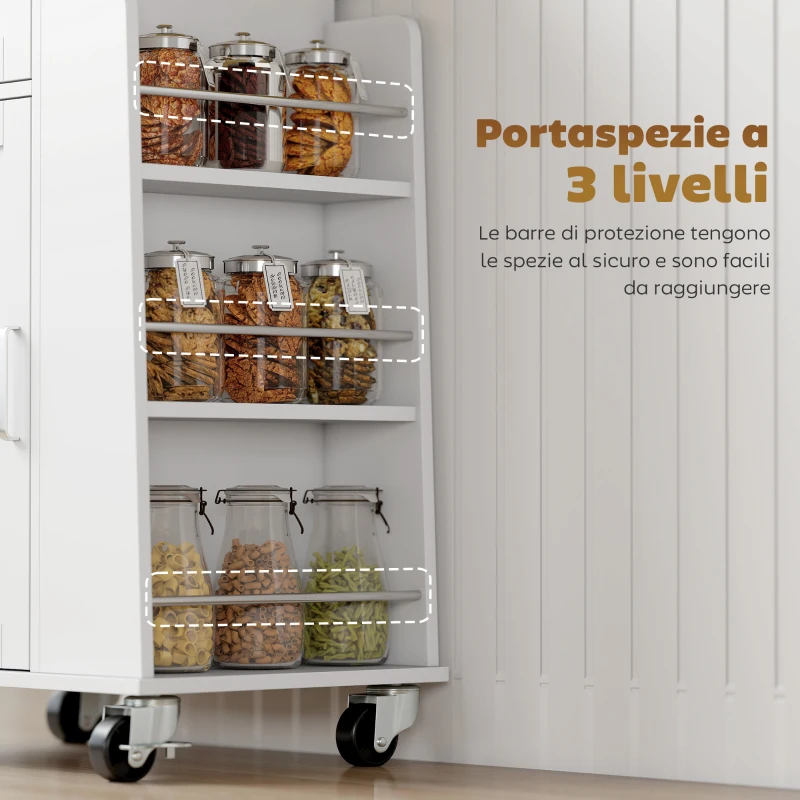 HOMCOM Carrello da Cucina con Cassetto, Armadietto, Portasciugamani e 3 Portaspezie, in Legno, 62x40x87 cm, Bianco