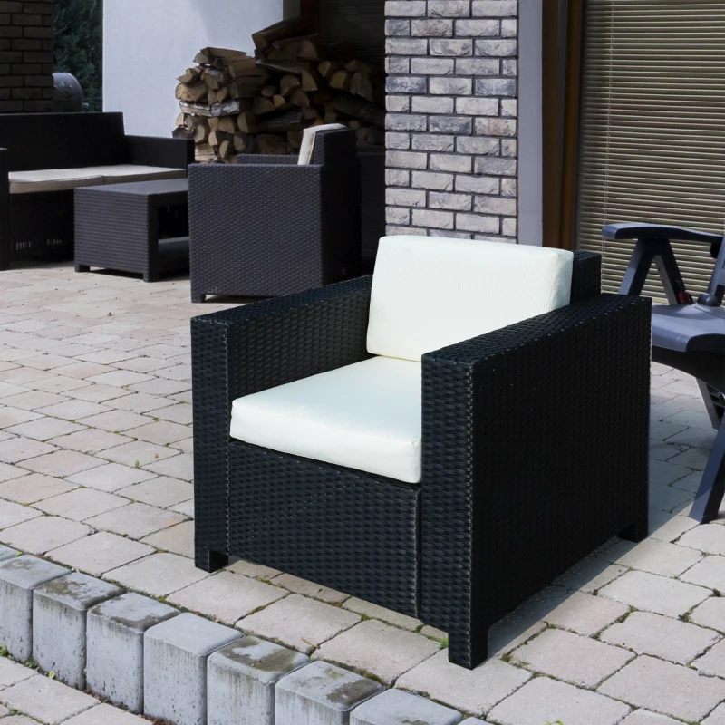 Outsunny Single Seater Rattan Chair Sofa - 10 cm Thick Padded Cushion, All-Weather PE Wicker Weave Garden Armchair with Armrests, Black