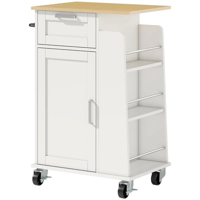 HOMCOM Carrello da Cucina con Cassetto, Armadietto, Portasciugamani e 3 Portaspezie, in Legno, 62x40x87 cm, Bianco