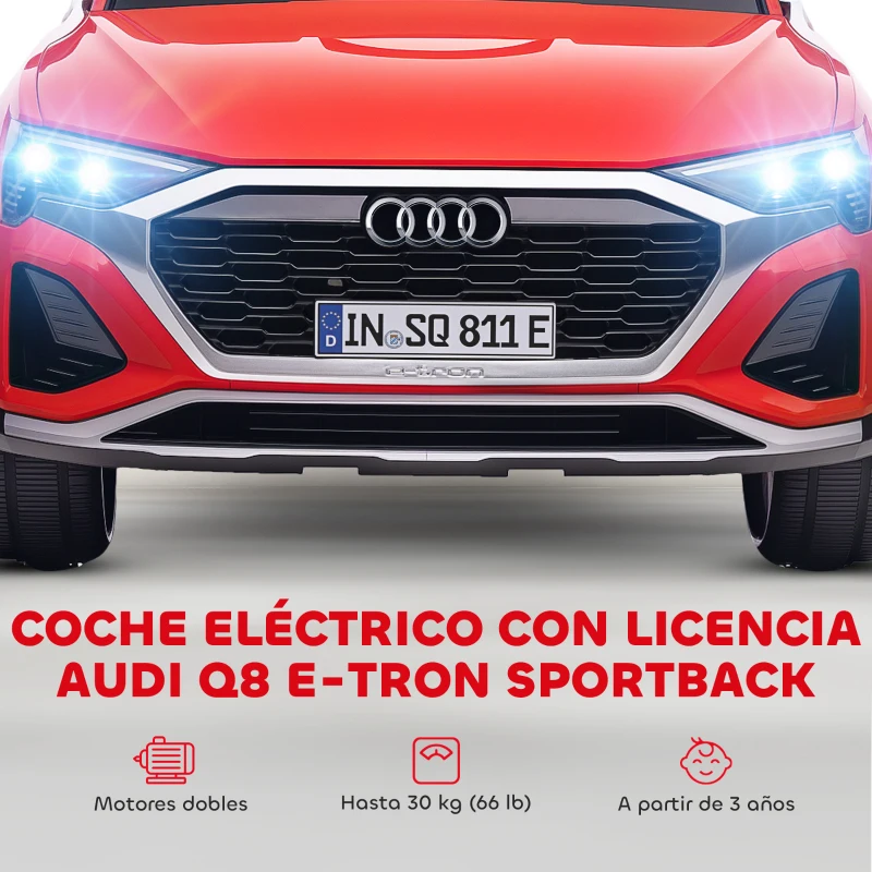 AIYAPLAY Coche Eléctrico para Niños Audi Q8 etron sportback con Batería 12V Mando a Distancia Faros Bocina y Música Rojo(m-4)