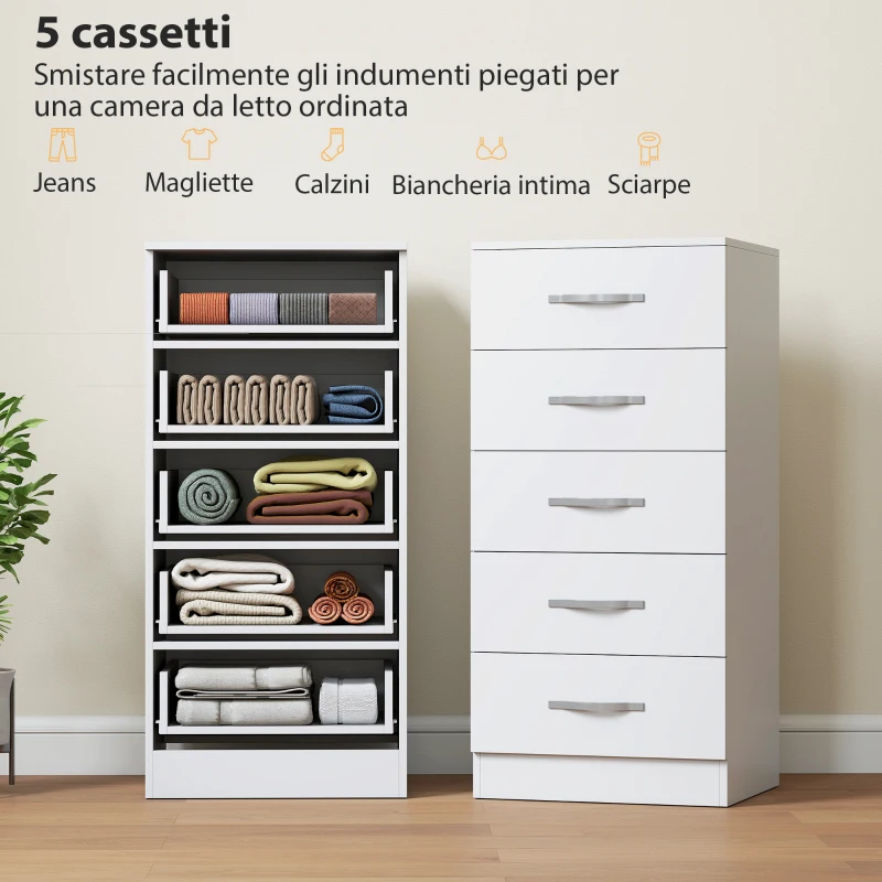 HOMCOM Cassettiera 5 Cassetti dallo Stile Moderno, in Truciolato, 40x35x85 cm, Bianco