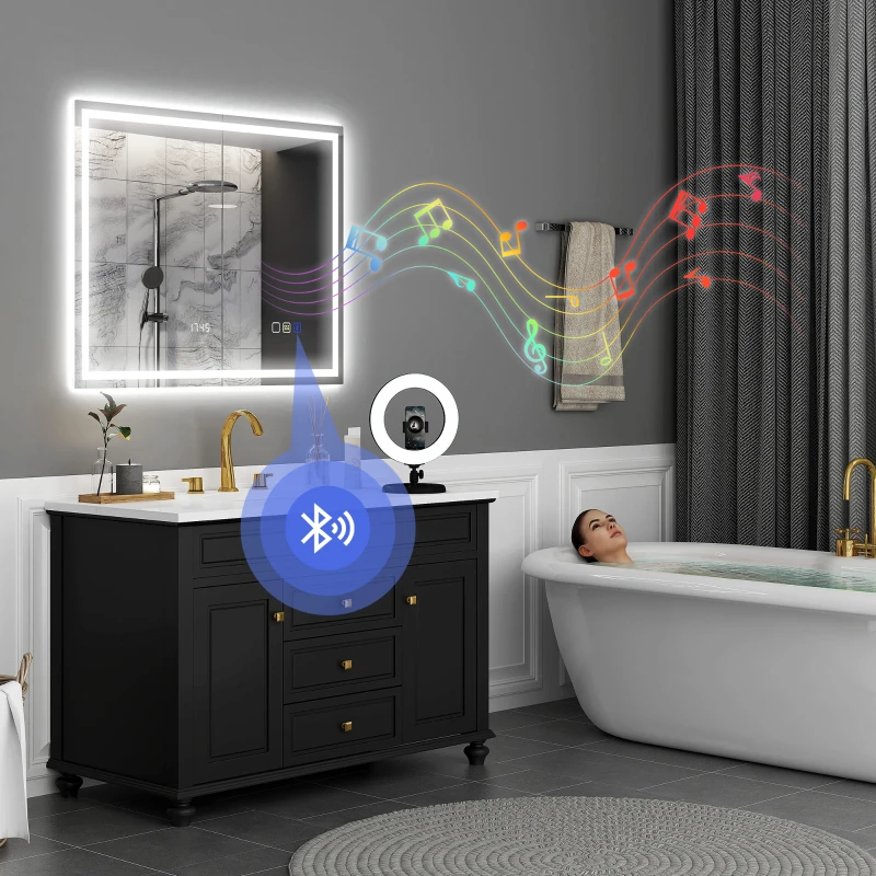 HOMCOM LED badkamerspiegel bluetooth 80 x 100 cm touchschakelaar instelbare verlichting 3 kleuren anti-fog geheugenfunctie Zilver