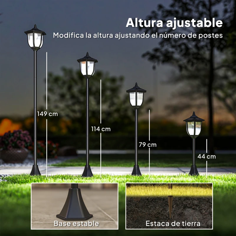 Outsunny Lámpara Solar de Jardín Farola con 6 Luces LED con Batería Recargable Solar con Autonomía de 6-8 Horas Ø26,5x177cm Negro