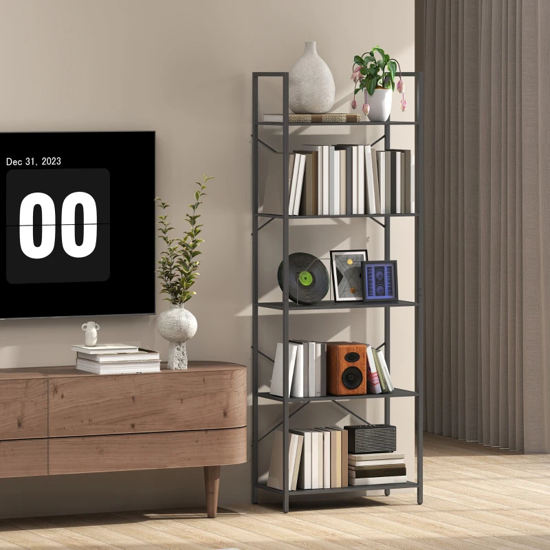 HOMCOM Bücherregal, Standregal mit 5 Ebenen, Industrielles Büroregal mit Metallrahmen, offenes Aufbewahrungsregal für Wohnzimmer, Büro, Arbeitszimmer, 60x30x170,5 cm, Schwarz