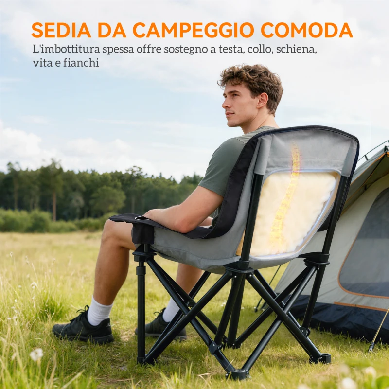 Outsunny Sedia da Campeggio Pieghevole con 2 Portabicchieri e Tasche Laterali, 99x71x103 cm, Grigio e Nero