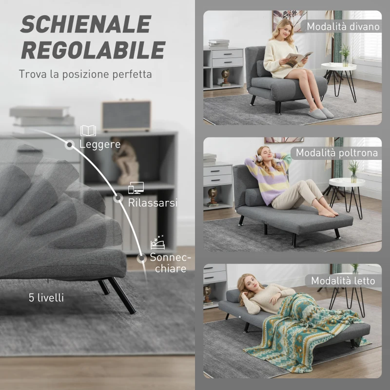 HOMCOM Poltrona Letto con Schienale Regolabile in 5 Posizioni, Tessuto Effetto Lino e Acciaio, 75x70x75 cm, Grigio