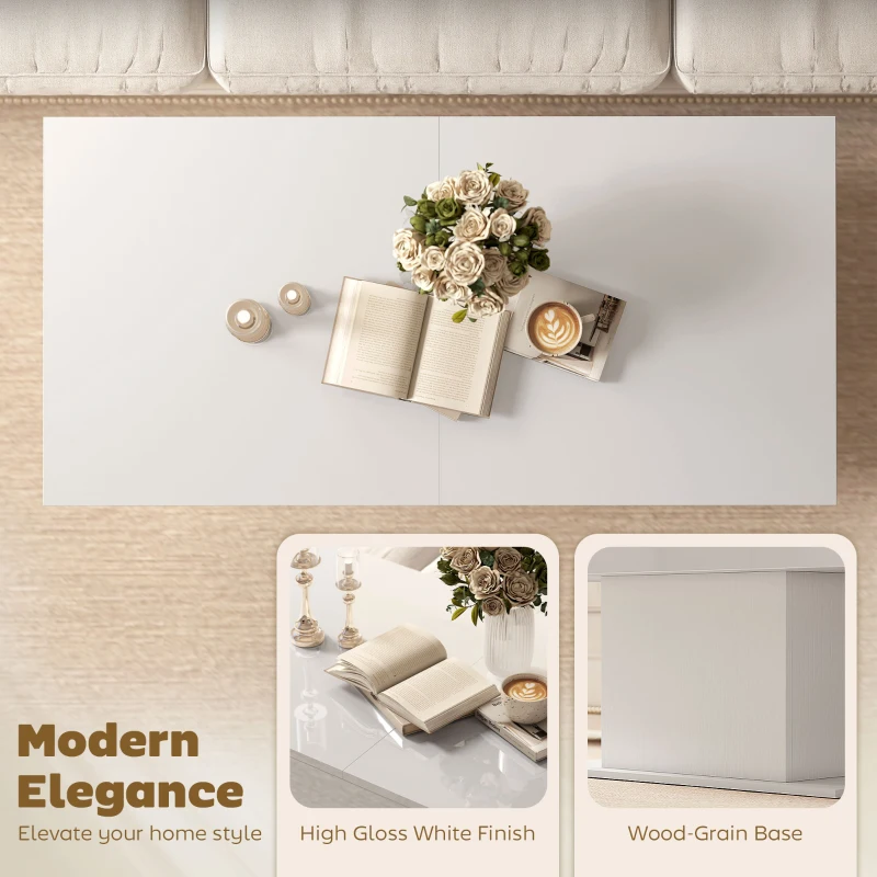 HOMCOM Tavolino da Caffè Estensibile con Vano Contenitore Moderno, 108-178.5x53x49 cm, Bianco Lucido