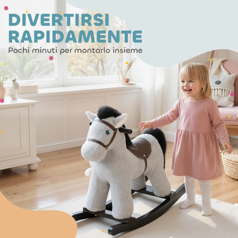 AIYAPLAY Cavallo a Dondolo con Suoni per Bambini da 2-5 Anni e Animale di Peluche Incluso, Legno e Acciaio, Grigio