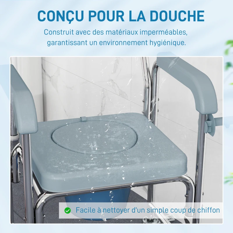 HOMCOM Chaise percée adulte à roulettes, chaise percée de douche avec repose-pieds, dossier et accoudoirs, 53x97x97cm, gris