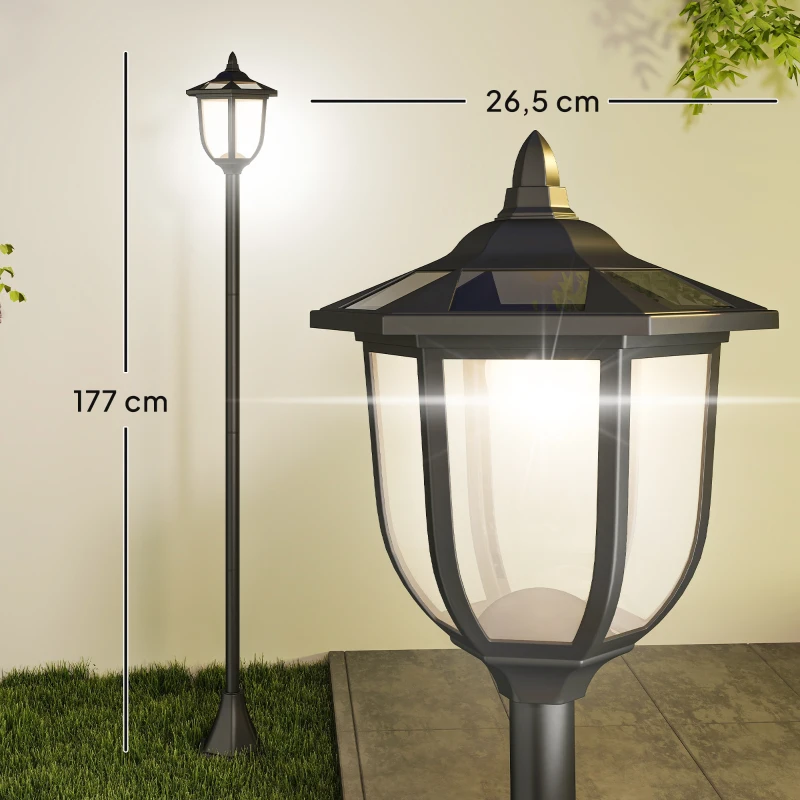 Outsunny Lámpara Solar de Jardín Farola con 6 Luces LED con Batería Recargable Solar con Autonomía de 6-8 Horas Ø26,5x177cm Negro