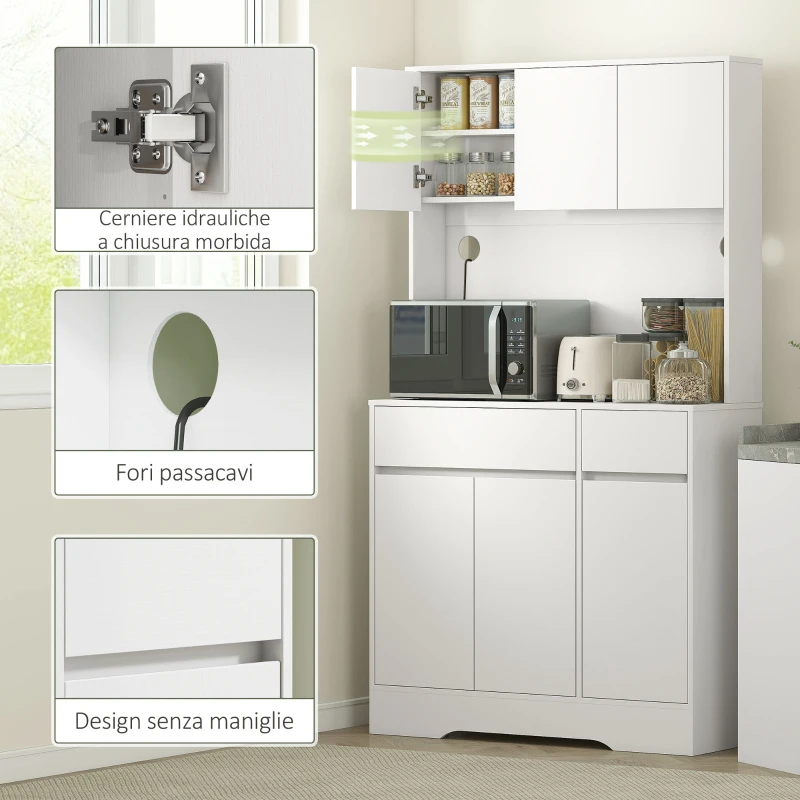 HOMCOM Credenza da Cucina Moderna con 4 Armadietti, 2 Cassetti e Ripiani Regolabili, 100x38x180 cm, Bianco