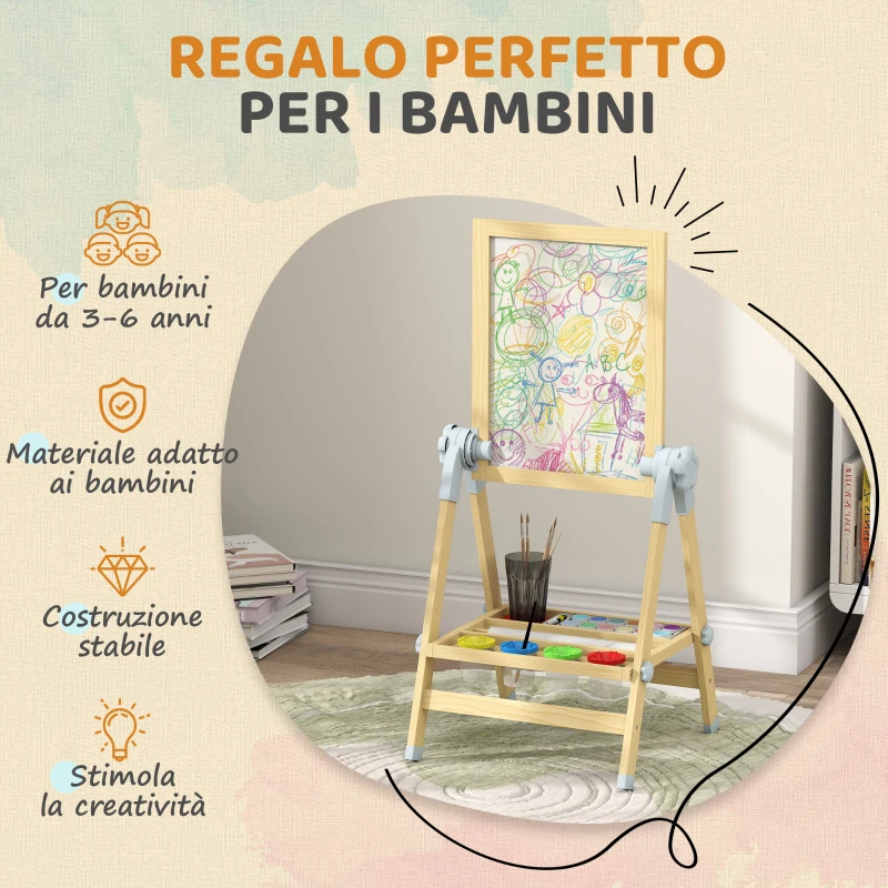 AIYAPLAY Cavalletto per Bambini, Doppia Lavagna per Gesso e Pennarelli, Lavagnetta Magnetica e Rotolo di Carta, Legno