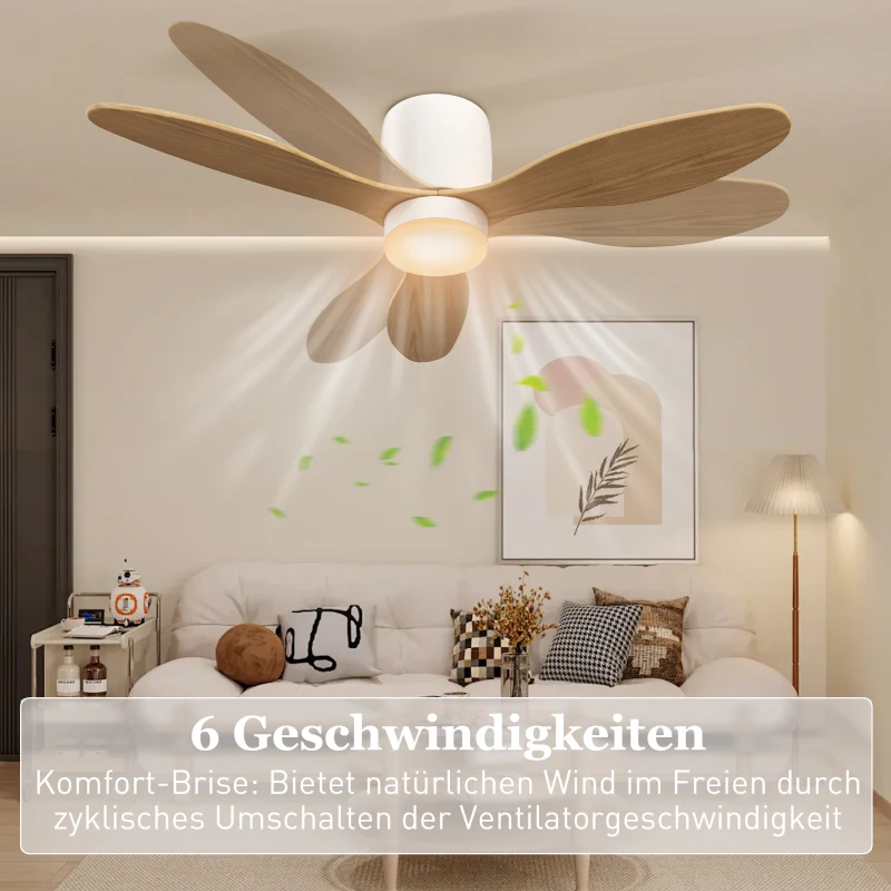 HOMCOM Plafondventilator met instelbare verlichting en afstandsbediening 115 cm, 3 kleuren, 3 bladen, 6 snelheden, timer, Naturel