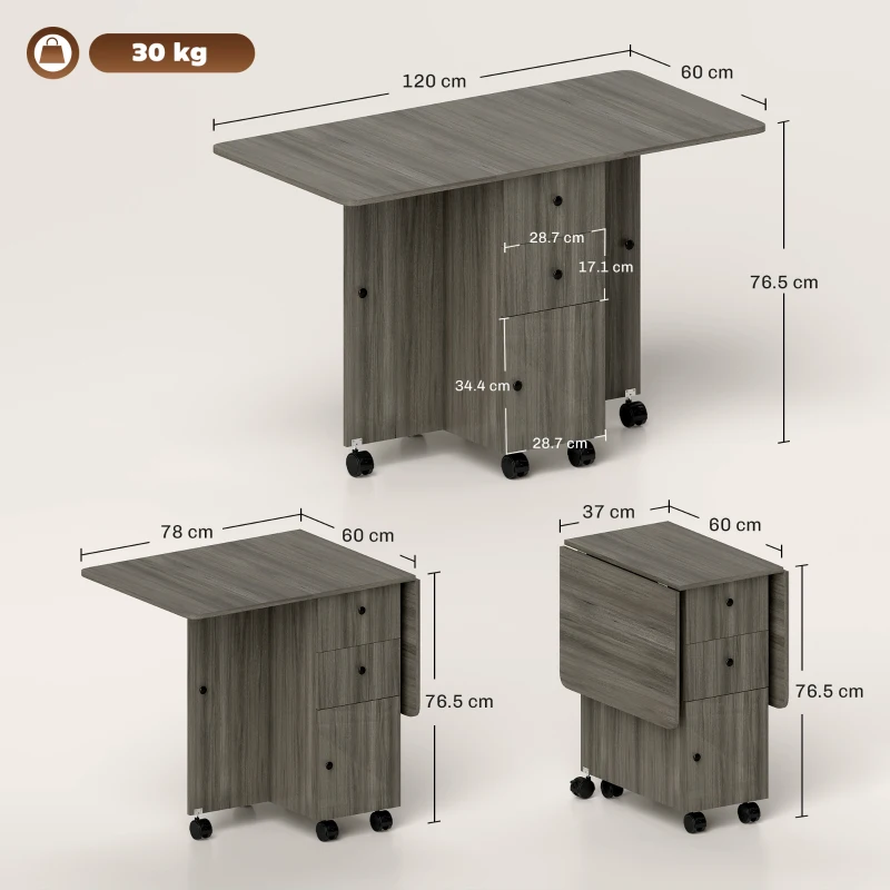 HOMCOM Tavolo a Ribalta a 6 Rotelle con 2 Cassetti e Armadietto ad Ante, in Legno, 120x60x76.5 cm, Grigio