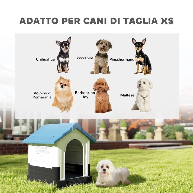 PawHut Cuccia per Cani Piccoli da Esterno in Plastica con Finestre e Base Rialzata, 64.5x57x66 cm, Blu