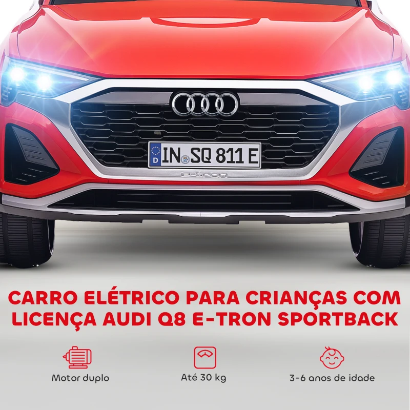 AIYAPLAY Carro Elétrico para Crianças Carro Audi Q8 Etron Sportback Infantil 12V Faróis Buzina e Música 98x49,5x43 cm Vermelho