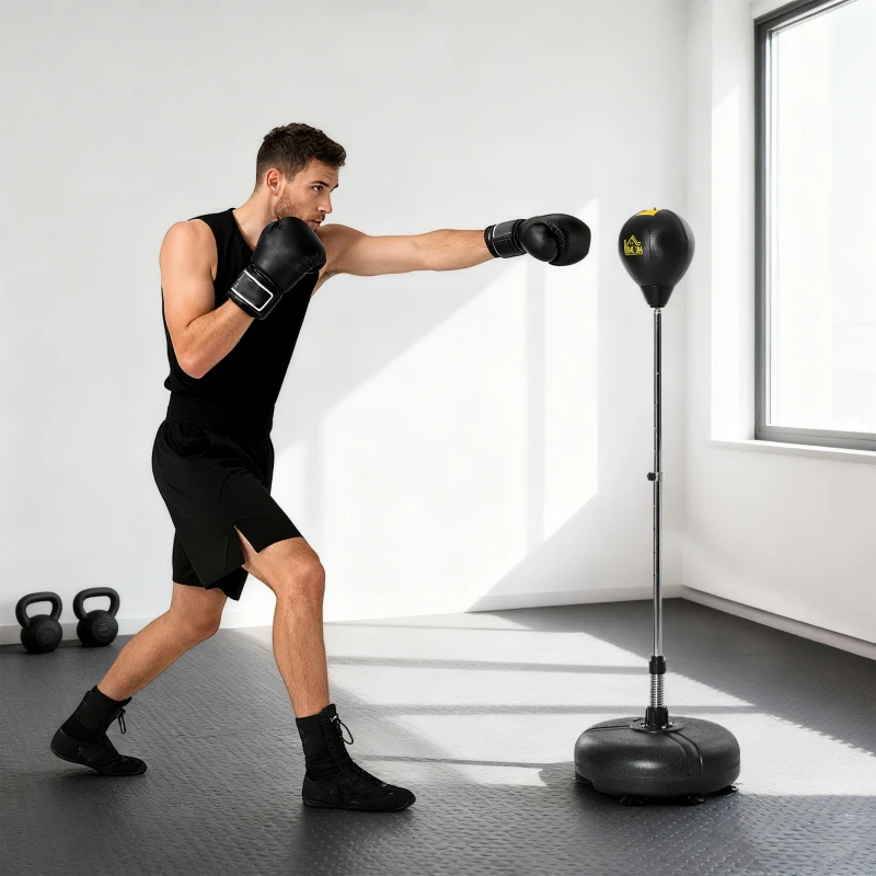 HOMCOM Saco de Boxeo de Pie con Altura Ajustable en 4 Niveles Base Rellenable Guantes e Inflador Ø45x133-151 cm Negro